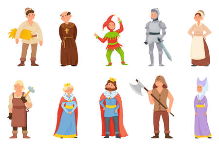 Cartoon historical medieval characters, king and queen, princess. Middle age knight, blacksmith, peasant, jester character vector set. Woman and man in old fairy tale or legend clothesのイラスト素材