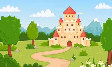 Cartoon medieval castle, fairytale landscape with princess palace. Magic kingdom fortress in forest, children fairy tale vector illustration. Royal historical mansion with beautiful natureのイラスト素材
