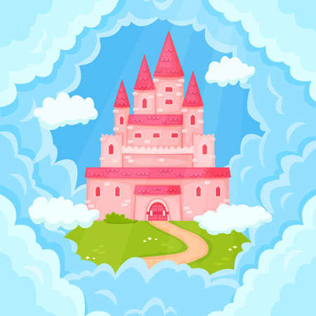 Cartoon fairytale princess pink castle towers in clouds. Magic kingdom palace flying in sky, cute medieval fantasy mansion vector illustration. Dream building in heaven for royal familyのイラスト素材