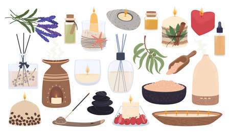Aromatherapy and spa elements, scented candles, essential oils. Mineral salts, candle with herbs, aroma diffusers for relaxation vector set. Lavender and hot stones for healthy massageのイラスト素材