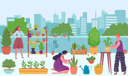 Urban gardening, people growing and watering plants outside. Vector garden growing, gardening and farming city illustrationのイラスト素材