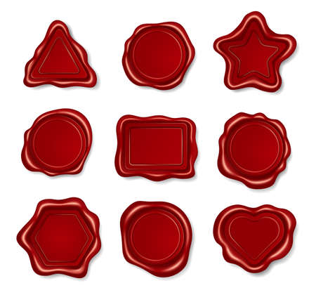 Red wax stamp, vintage embossed envelope seal in various shapes. Realistic sealing postage labels, ancient scroll wax seals vector set. Secret documents triangle, rectangular and heart signsのイラスト素材