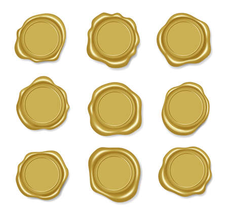Golden wax seal, premium gold envelope stamp. Realistic royal letter seals, vintage certificate label, wax medallion guarantee stamps vector set. Signature warranty or quality signのイラスト素材