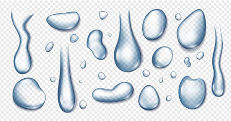 Realistic transparent water drops, clear liquid droplets, raindrops. Condensation on window or glass, rain droplet, tears vector set. Flowing refreshing blue blobs, wet surface with splashesのイラスト素材