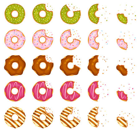 Bitten and half eaten donuts, doughnut pieces with crumbs. Cartoon delicious donut with various toppings, sweet pastry dessert vector set. Yummy bakery snack with glossy cream fastingのイラスト素材
