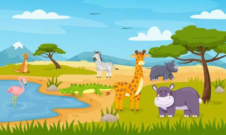 Cartoon wild animals in savannah, african safari wildlife. Cute zebra, crocodile, flamingo, giraffe, savanna landscape vector illustration. Environment with wild nature and cartoon faunaのイラスト素材