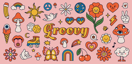 Retro 70s hippie stickers, psychedelic groovy elements. Cartoon funky mushrooms, flowers, rainbow, vintage hippy style element vector set. Decorative disco ball, flying dove and cherriesのイラスト素材