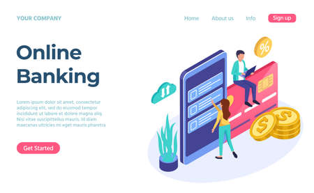 Online banking service 3d isometric landing page. Online payment service, finance digital transaction, vector illustrationのイラスト素材