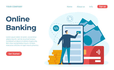 Service online banking, fast transaction and financial operations. Money online in bank for payment and transfer, service of transaction online pay, vector illustrationのイラスト素材