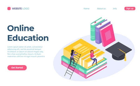 Service of online education isometric landing page. Vector training education student, isometric style college distance teaching illustrationのイラスト素材