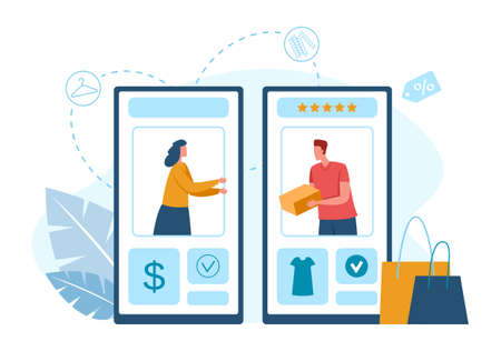 Online shopping on mobile application, distance shop. Vector application for payment and distancing shopping on smartphone illustrationのイラスト素材