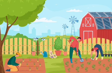 People working at house garden, gardening and growing. Vector house garden, agriculture hobby, home farm outdoor illustrationのイラスト素材