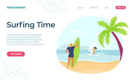 Summer surfing time, beach holiday landing page. Ocean holiday summer vacation, vector illustrationのイラスト素材