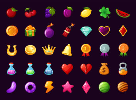 Cartoon gui game icon, mobile gaming app interface elements. Magic potions, heart, money bag, fruits, casino slot machine app icon vector set. Application isolated elements for entertainmentのイラスト素材