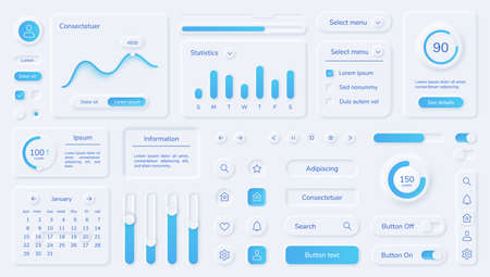 Neumorphic user interface elements, mobile app ui design kit. Buttons, bars, sliders in neumorphism style for website or dashboard vector set. Menu with different minimal componentsのイラスト素材