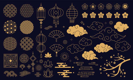 Chinese new year decoration elements, clouds and festive lanterns. Traditional asian patterns and ornaments, sakura flowers vector set. Floral lotus blossom, decorative fans isolated on darkのイラスト素材