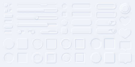 Neumorphism style ui elements, buttons, progress bars, sliders, panels. Neumorphic user interface design kit for web or mobile app vector set. Square, rectangle and round panels in minimalistic styleのイラスト素材