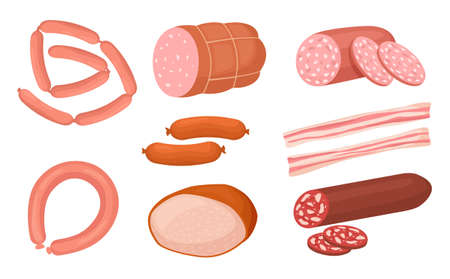 Cartoon meat products collection sausages and frankfurter. Vector meat and meal, salami and frankfurter, smoked beef illustrationのイラスト素材