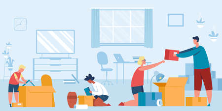 Family moving into new house, collect things in box. Vector move with package in house, illustration cartoon relocationのイラスト素材