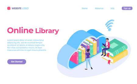 Reading online service isometric, library landing page. Illustration of online library and internet template content vectorのイラスト素材