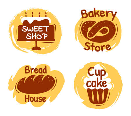 Bakery lettering logo, sweet shop, bread house labels. Bakery store logotype with pretzel. Cupcake sign for confectionery vector. Badges with cooked food made of flour set isolated on whiteのイラスト素材