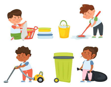 Cartoon children doing housework. Boys and girl helping parents with laundry, washing and vacuuming floor and taking out garbage. Characters doing cleanup or household chores vectorのイラスト素材