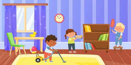 Cartoon kids doing housework in living room. Boy vacuuming carpet with hoover. Girl dusting book shelf. Children doing household chores. Kids doing daily routine and helping parents vectorのイラスト素材