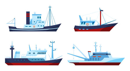 Fishing boats. Vessels with equipment for catching fish and transportation. Vehicles for water trip...