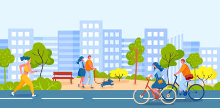 People walking in city park. Characters riding bicycles on cycle lanes. Woman running or jogging in sport clothing. Couple walking with dog pet. Cityscape with tall buildings near green area vectorのイラスト素材