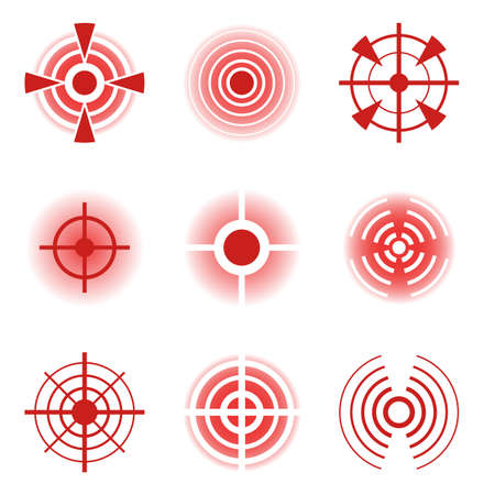Red pain circle icon, painful area mark for medical therapy. Medicine for injury, muscle ache. Indication of body inflammation for remedy or painkiller advert. Hurting joint targets vector setのイラスト素材