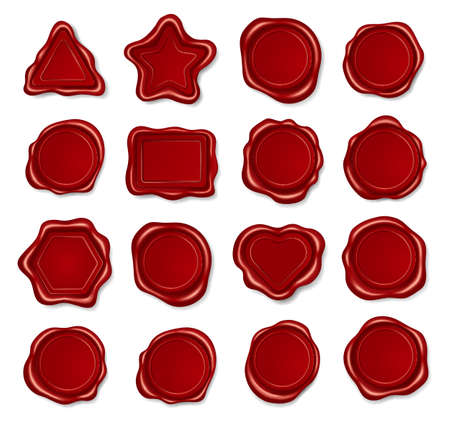 Realistic red wax seal. Stamp for envelope or letter of various shapes. Certificate, diploma or old scroll sealing, postage element. Triangle, circle, star, rectangle and heart shapes vector setのイラスト素材