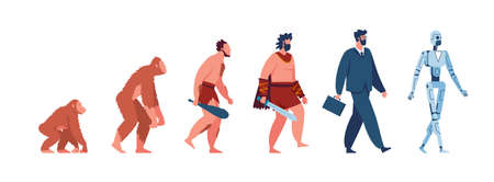 Human evolution, monkey, caveman, businessman, cyborg. Male character evolving from ancient ape to modern man and robot vector concept. Illustration of human developmentのイラスト素材