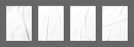 Realistic wrinkled poster mockup, crumpled wet paper posters. Blank glued billboard with wrinkle effect, white creased stickers vector set. Blank paper effect glued and crumpled texture illustrationのイラスト素材