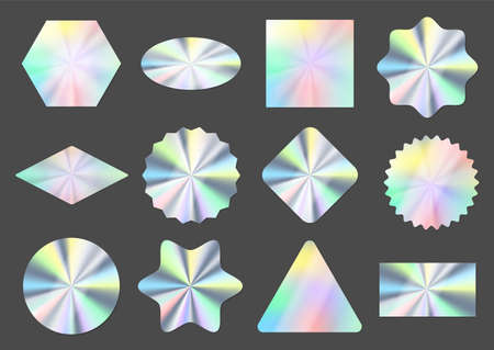 Holographic stickers, hologram labels, products seal emblems. Silver foil guarantee sticker tags, quality seals, certificate label vector set. Illustration of hologram label iconのイラスト素材