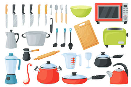 Cartoon kitchen utensils, cooking tools and appliances, kitchenware. Saucepan, frying pan, cutlery, microwave, cookware equipment vector set. Illustration of cooking kitchenwareのイラスト素材