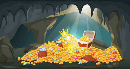 Cartoon treasure cave with piles of coins, gold bars, gems and jewels. Hidden ancient mine with pirate treasures and jewelry vector illustration. Pile gold treasure cartoonのイラスト素材