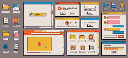90s retro vaporwave old desktop user interface elements. Cute nostalgic computer ui, vintage aesthetic icons and windows vector set. 90s interface digital, retro window computer illustrationのイラスト素材