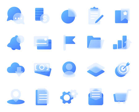 Glassmorphism business strategy icons, transparent blur glass effect icon. Finance management, money, digital marketing symbol vector set. Illustration of glass transparent iconsのイラスト素材