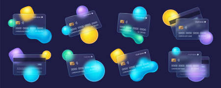 Glassmorphism credit card, frosted glass bank cards with blur effect. Transparent matt plastic debit card with abstract shapes vector set. Illustration of payment card glass templateのイラスト素材