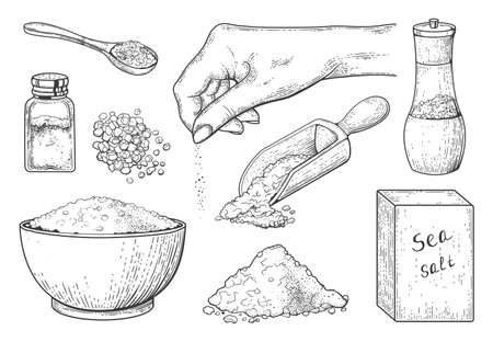 Sea salt vintage engraving, food seasoning in spoon and bowl. Hand drawn salt crystal powder in hand, wooden scoop with salt vector sketch set. Salt shaker, container and packaging for crystalsのイラスト素材