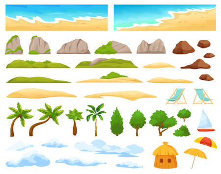 Beach landscape elements, ocean coast, palm trees, mountains. Cartoon tropical island scene constructor with sandy beach, clouds vector set. Sea horizon, hills and rocks, relaxation objectsのイラスト素材