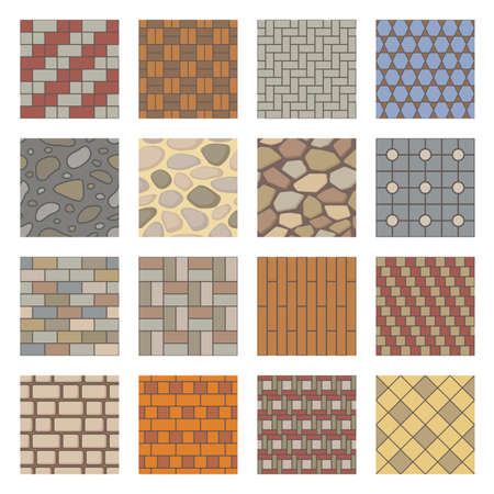 Paving stones seamless pattern, city street pavements tiles. Park path landscaping elements, pavements stone, tile, brick texture vector set. Architectural elements for garden, roadway or wallのイラスト素材
