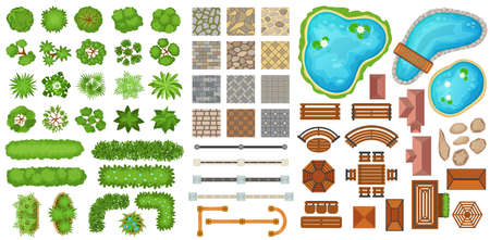 City park top view landscape elements, trees, pathways, benches. Bushes, fences, paths, ponds for garden landscaping design vector set. Wooden furniture, green plants for decorationのイラスト素材