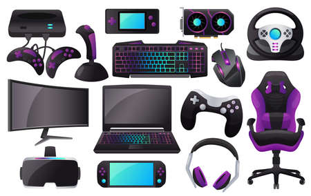 Cartoon gaming accessories, professional gamer gear and equipment. Monitor, headphone, keyboard, vr...