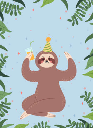 Cartoon sloth card, happy sloths sleeping or hanging from tree. Cute posters with sleepy lazy animal characters and funny phrases vector set. Congratulation birthday text greeting cardsのイラスト素材