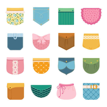 Patch pockets for clothes, jeans fabric pocket for pants, shirt. Colorful patches with stitches and buttons, clothing decor element vector set. Female and male design isolated on whiteのイラスト素材