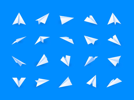 Paper plane. Flat handmade imaginary plane, white origami symbolic aircraft, dream and imagination concept. Vector send message icon collection. Moving or flying transport at various anglesのイラスト素材