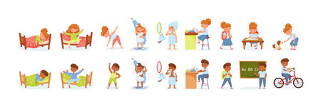 Kids daily routine. Girl and boy having different activities. Children waking up, doing physical exercising, having shower. Characters brushing teeth, eating breakfast, studying at school vector setのイラスト素材