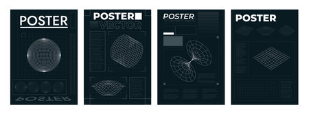 Futuristic grid posters. Retrofuturistic layout templates with HUD elements, wireframe planet perspective tunnel circle retro cyberpunk style. Vector set. Wavy deformated abstract surfacesのイラスト素材