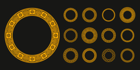 Ancient greek circle ornament. Antique Greece traditional round meander borders, geometric circular decorative frames. Vector collection. Golden ornaments with flower, zigzag and wavesのイラスト素材